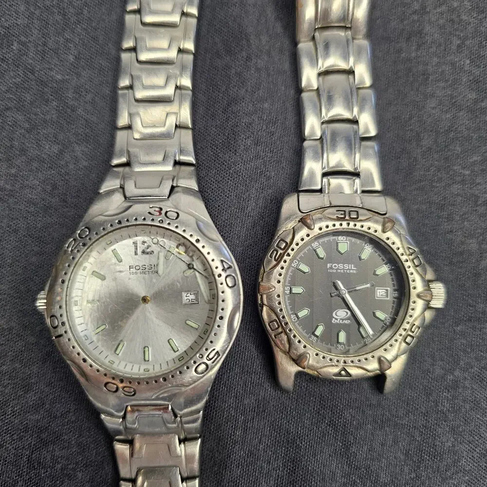 Lot of 2 FOSSIL Men's WristWATCHES 100 Meters Blue Date Stainless Steel As Is